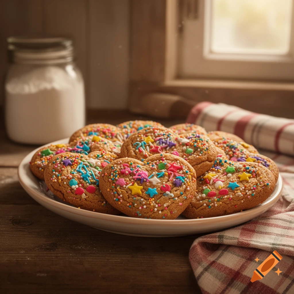 A plate of heart-shaped cookies with colorful sprinkles on a rustic wooden table, with a jar of flour and a window in the background.