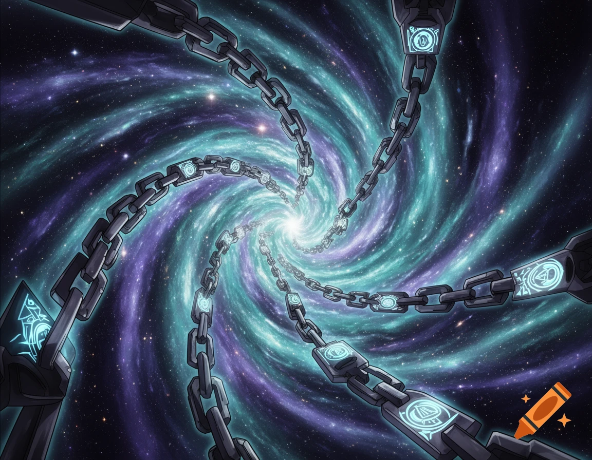 Heavy chains with glowing, arcane symbols spiral towards a bright light in the center of a swirling purple and teal galaxy, in an anime style.