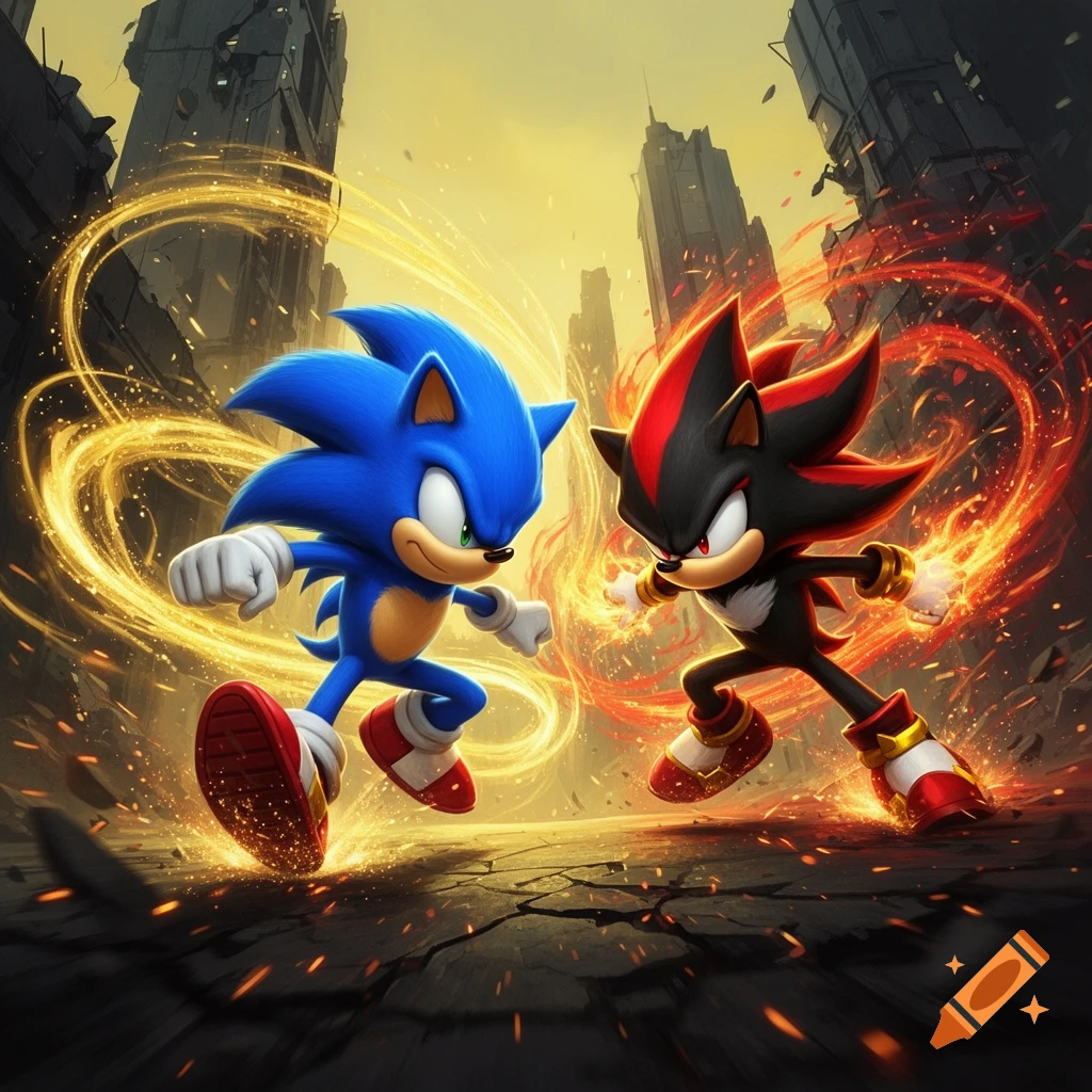 Sonic and Shadow face off with glowing energy auras in a ruined city landscape, cartoon style.