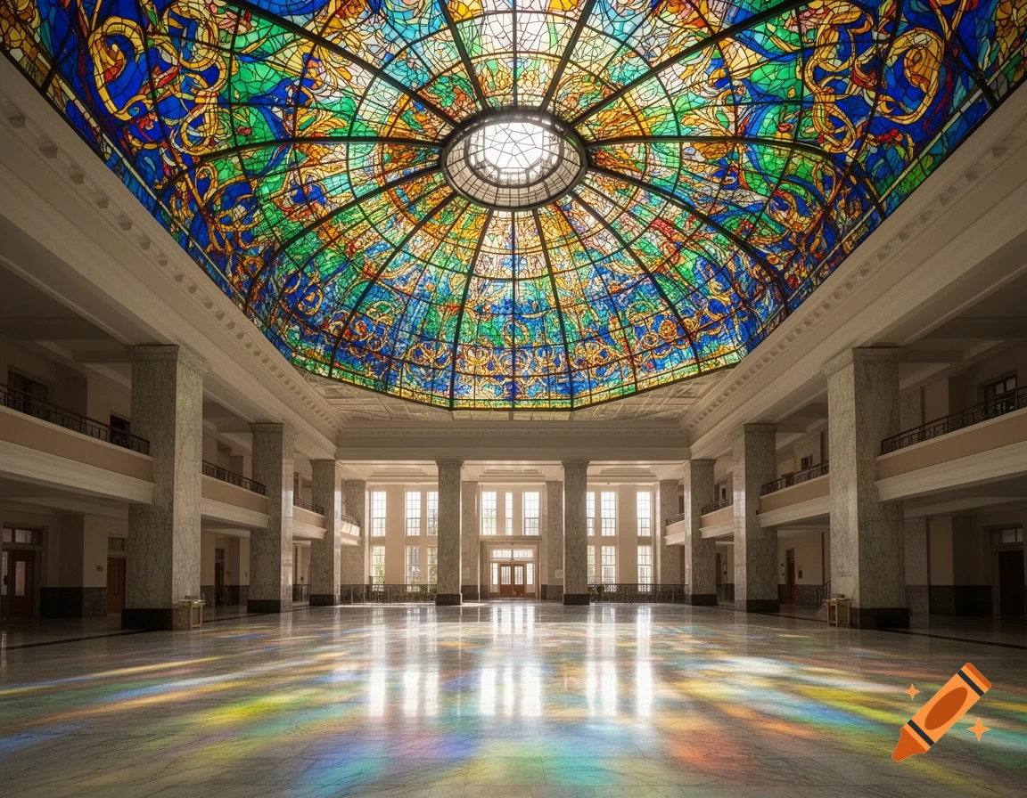 A grand hall with tall columns and a vibrant stained-glass dome ceiling casting colorful light on a polished marble floor.