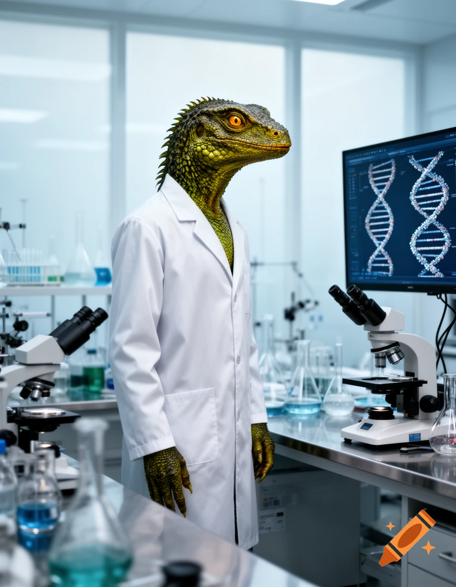A photorealistic lizard man wearing a white lab coat stands in a laboratory, surrounded by scientific equipment and looking at a monitor displaying DNA strands.