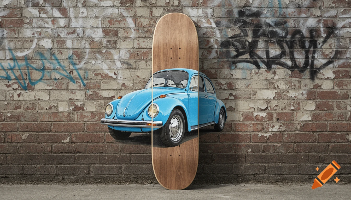 A blue Volkswagen Beetle is painted onto a wooden skateboard, leaning against a graffiti-covered brick wall.