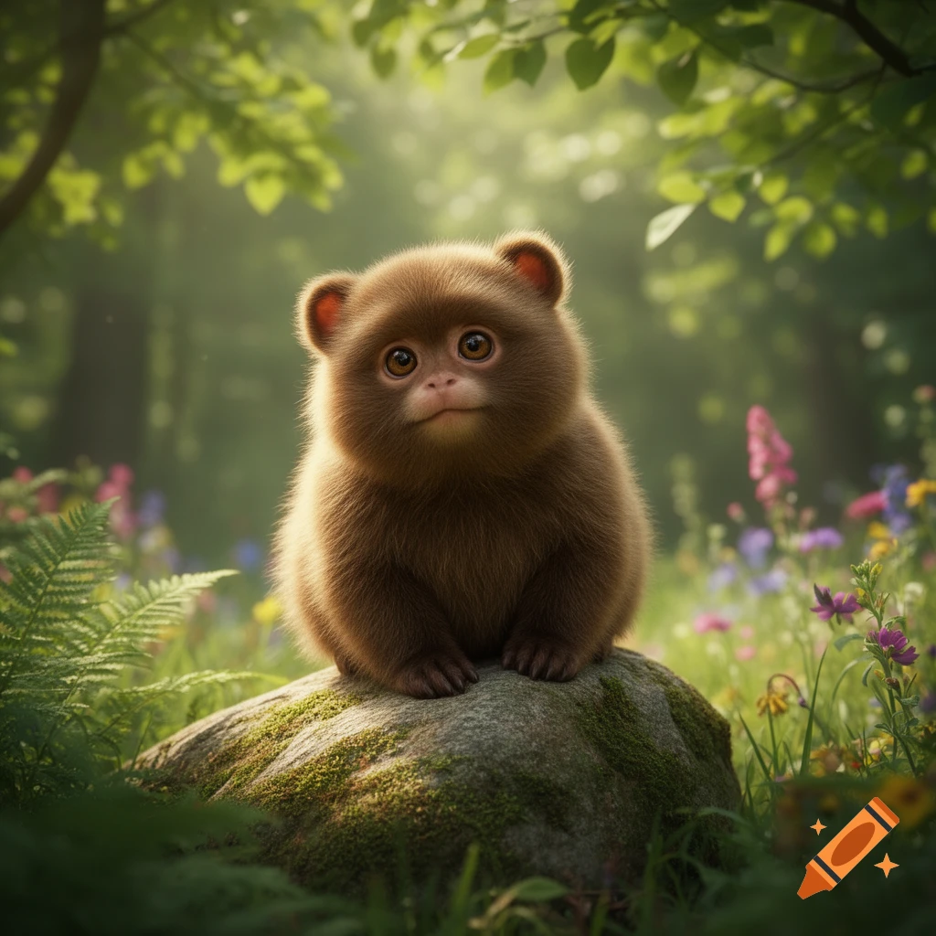 A fluffy, round, brown imaginary animal with large eyes sits on a mossy ...