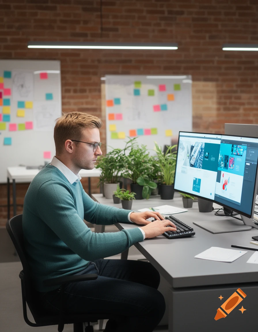 A man with glasses wearing a teal sweater works at a desktop computer in an office with plants and whiteboards.