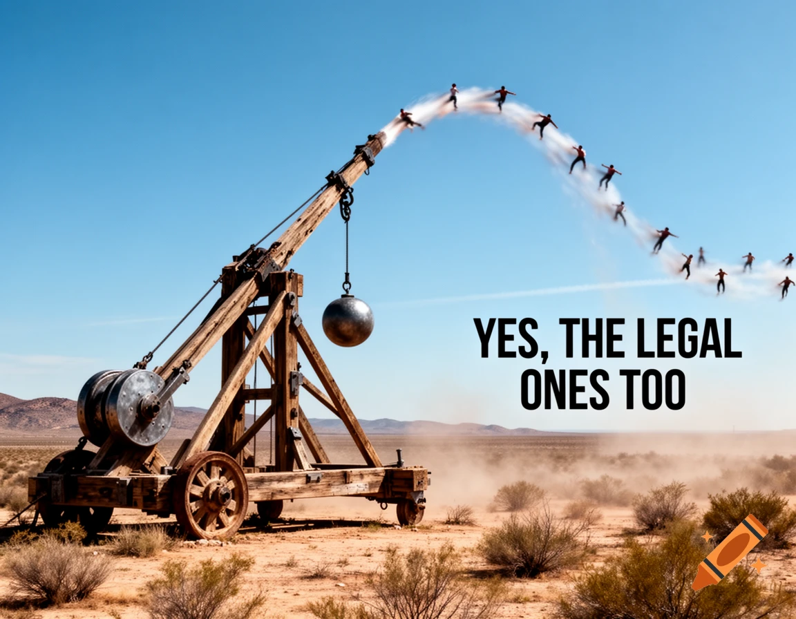 A large wooden trebuchet in a vast desert flings a trail of small human figures through the air. Bold text reads: YES, THE LEGAL ONES TOO.
