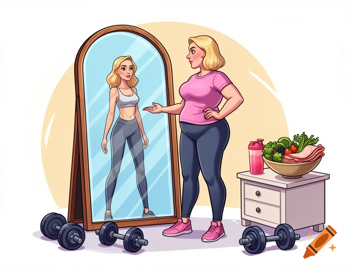 Cartoon of a blonde, curvy woman looking into a mirror, seeing a slim, fit reflection. Dumbbells and healthy food are nearby.