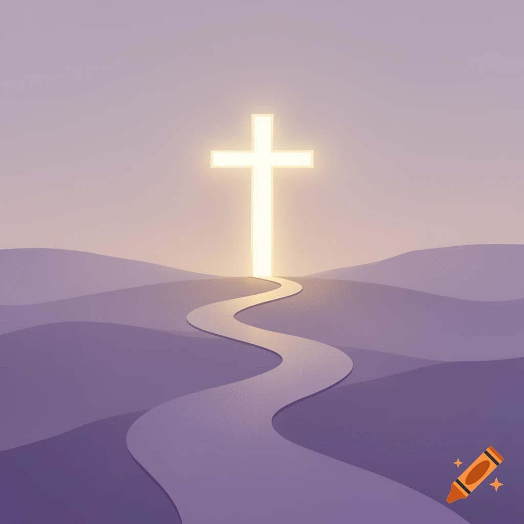 A minimalist illustration of a winding path through lavender hills leading to a glowing golden cross, with a serene spiritual ambiance.