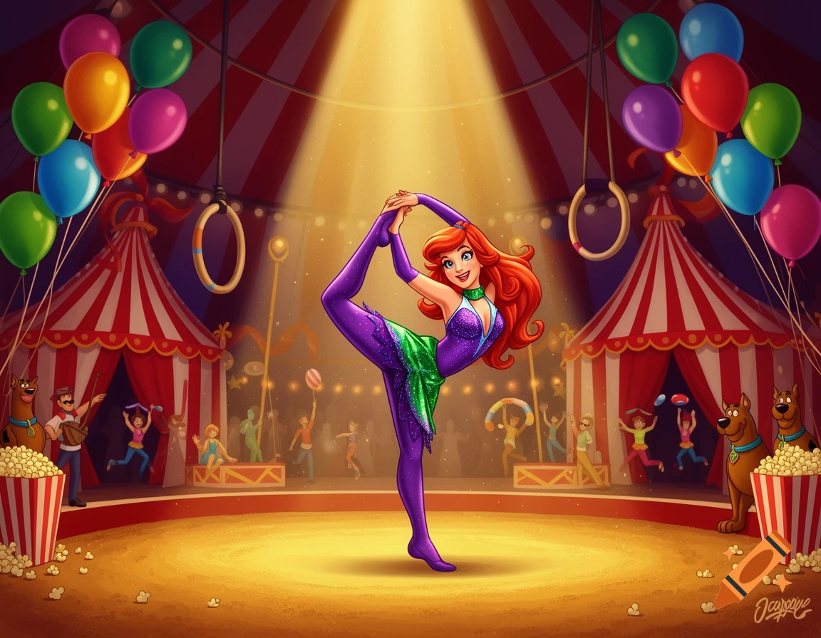 Daphne from Scooby-Doo performs as a contortionist in a vibrant cartoon circus tent with balloons and other characters.
