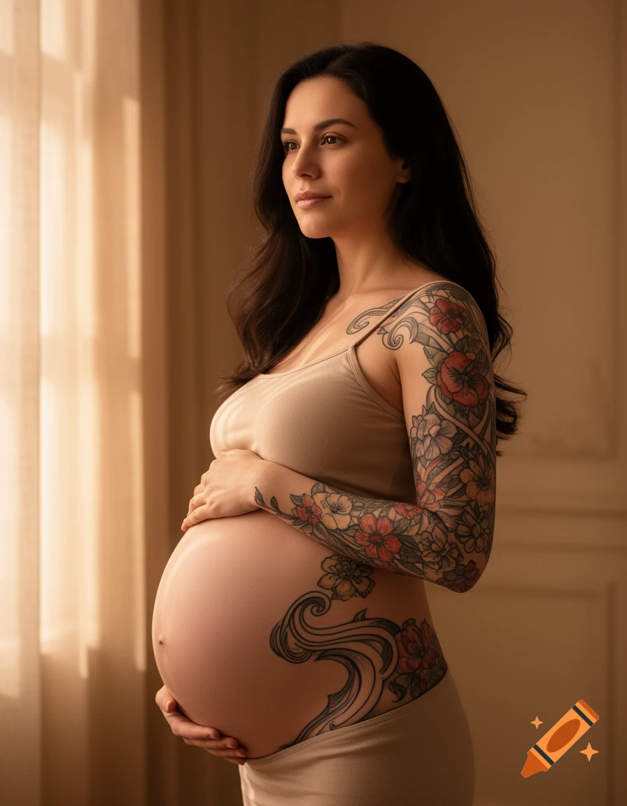 A beautiful pregnant woman with floral tattoos on her arm and belly, looking out a sunlit window.