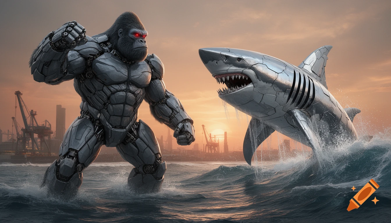A colossal mecha gorilla with glowing red eyes stands in the ocean facing a metallic great white shark leaping from the waves against a sunset industrial harbor backdrop.