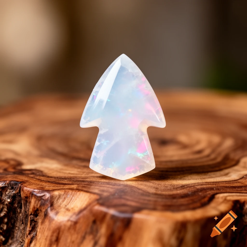 A white opalite arrowhead with iridescent flashes rests on a rich, textured wooden surface.