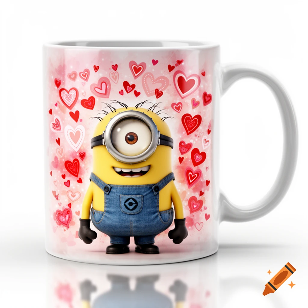A white mug featuring a smiling Minion character wearing overalls, surrounded by red and pink hearts, with a reflection.