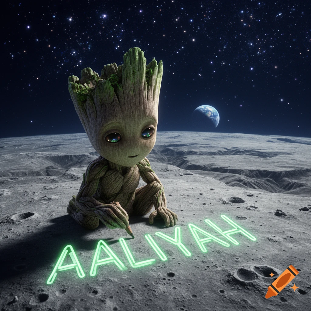 Baby Groot squats on the moon, writing "AALIYAH" in glowing green letters on the lunar surface, with Earth and stars in the background.