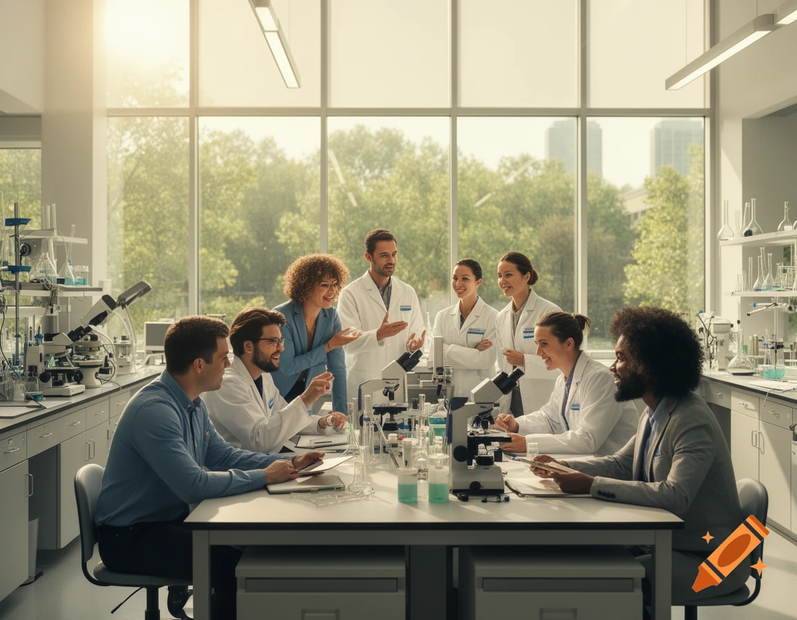 Diverse group of scientists in lab coats and business casual attire collaborating around a table in a modern university lab, with microscopes and glassware, bathed in natural light from large windows overlooking a city park.