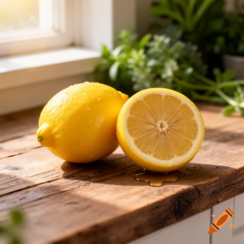 A whole lemon and a halved lemon with water droplets sit on a sunlit wooden counter with green plants in the background.