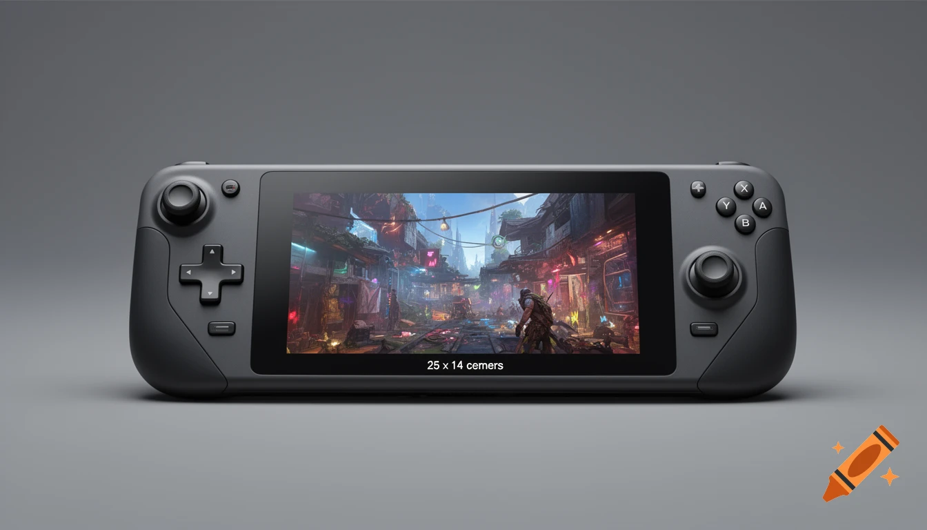 A gray handheld gaming console resembling a Steam Deck, displaying a vibrant futuristic city video game scene on its screen, against a dark gray background.