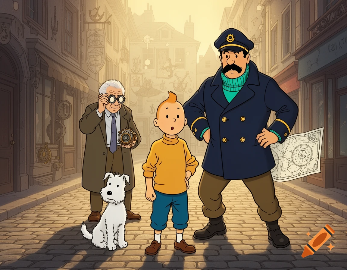 Tintin, Captain Haddock, Professor Calculus, and Snowy the dog stand on a cobblestone street in a cartoon style.