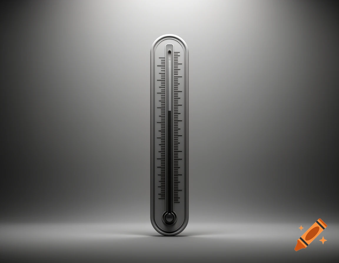 A photorealistic, black and white image of a thermometer with measurement scales but no numbers, standing upright against a gradient background.