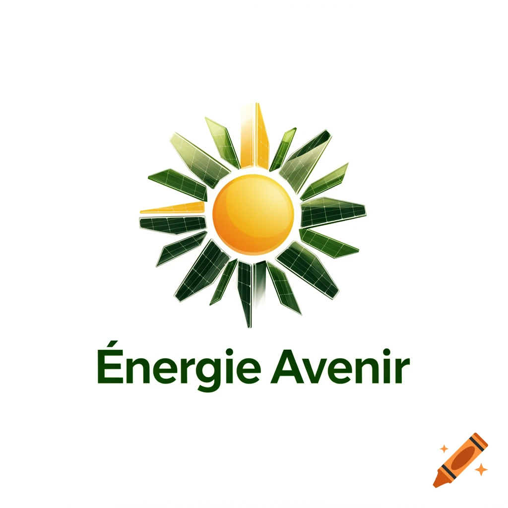 Logo for "Énergie Avenir," featuring a sun-like design made of green and yellow solar panels on a white background.