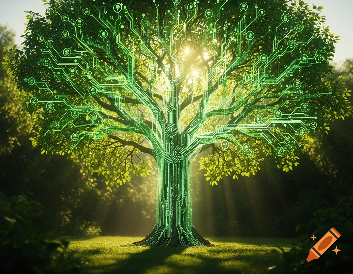 A vibrant green tree with glowing circuit patterns and small symbols ...