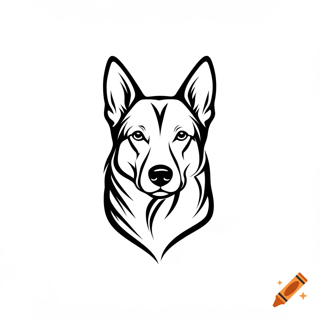 Stylized black line art illustration of a dog's head on a white background.