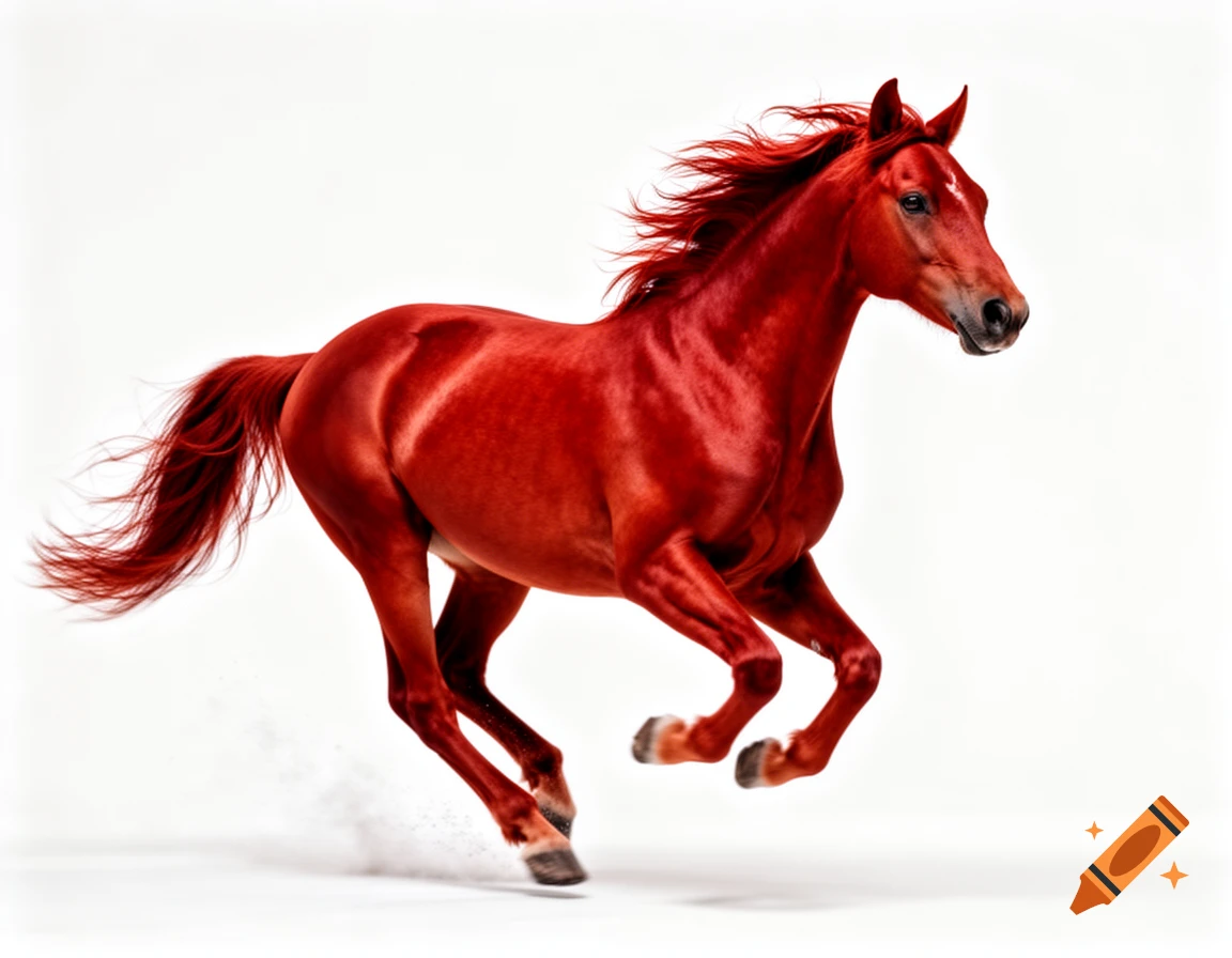 A vibrant red horse with a flowing mane and tail gallops across a pure white background.