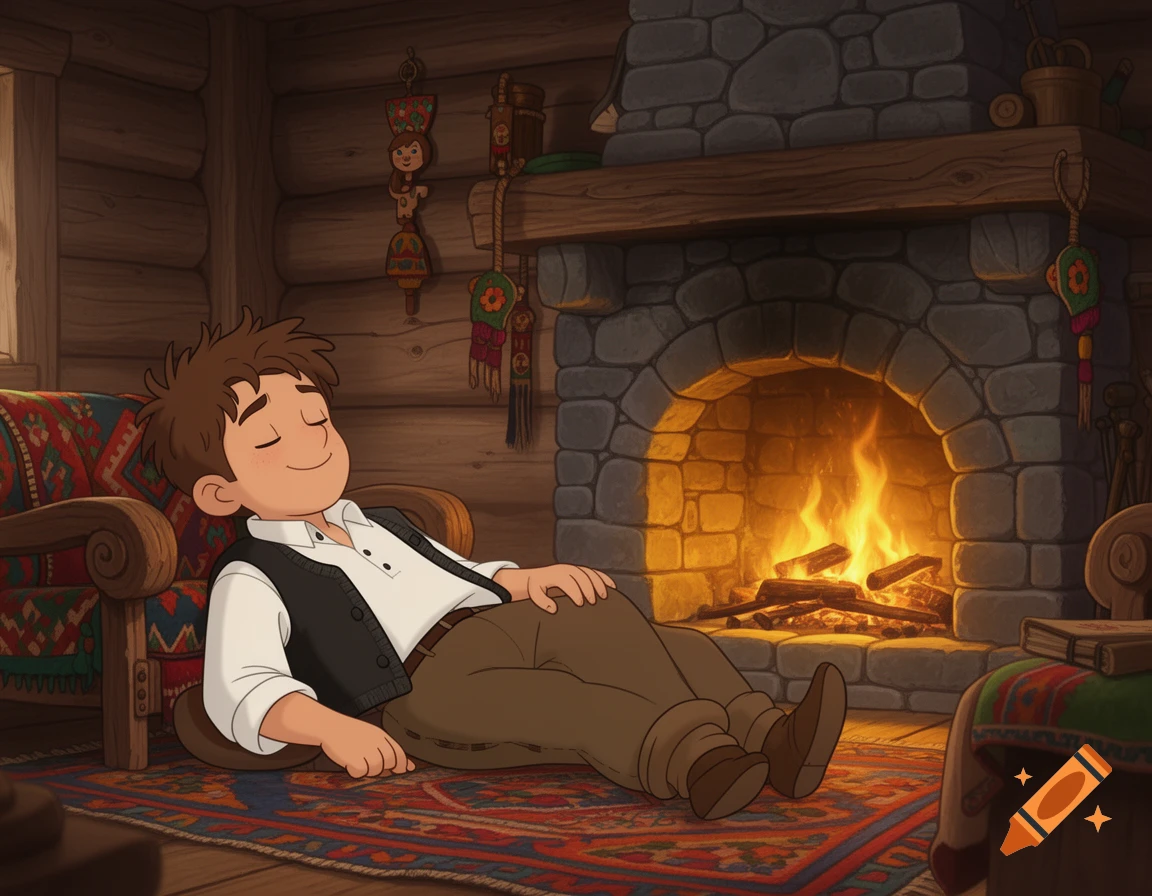 A cartoon boy in traditional clothes sleeps in an armchair by a warm stone fireplace in a cozy wooden cabin.