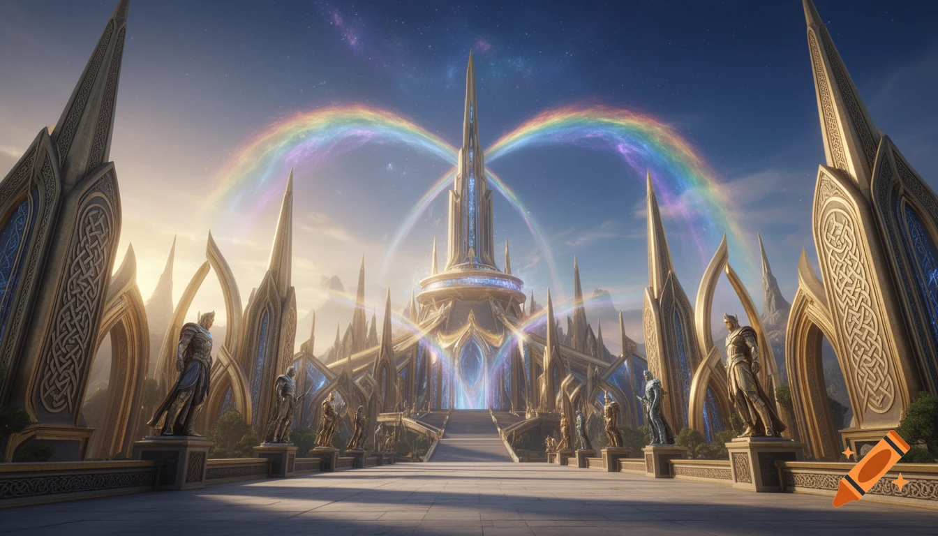 A majestic golden fantasy city with towering spires and statues, under a rainbow arch in a celestial sky.