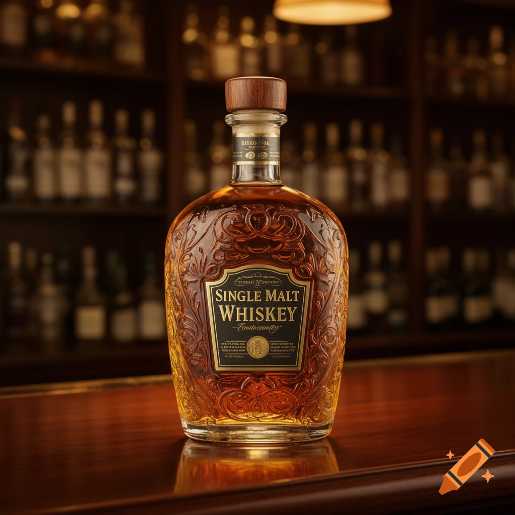 A photorealistic bottle of single malt whiskey with an ornate label, resting on a wooden bar counter in a dimly lit setting.