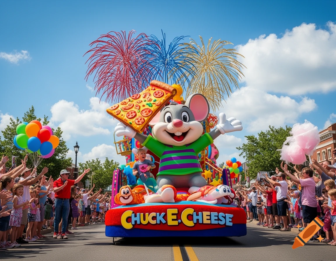 A photorealistic Chuck E. Cheese parade float with the character holding a pizza slice, moving through a street lined with cheering spectators under a sunny sky with fireworks.