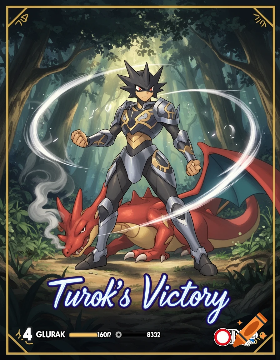 A stylized Pokemon-like trading card features a dark-haired warrior in grey and gold armor standing triumphantly over a red dragon in a forest, with 'Turok's Victory' text.