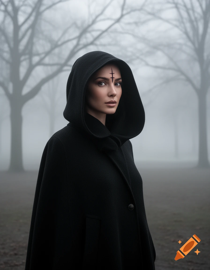 A woman in a black hooded cloak with a dark symbol on her forehead stands in a foggy park with bare trees.