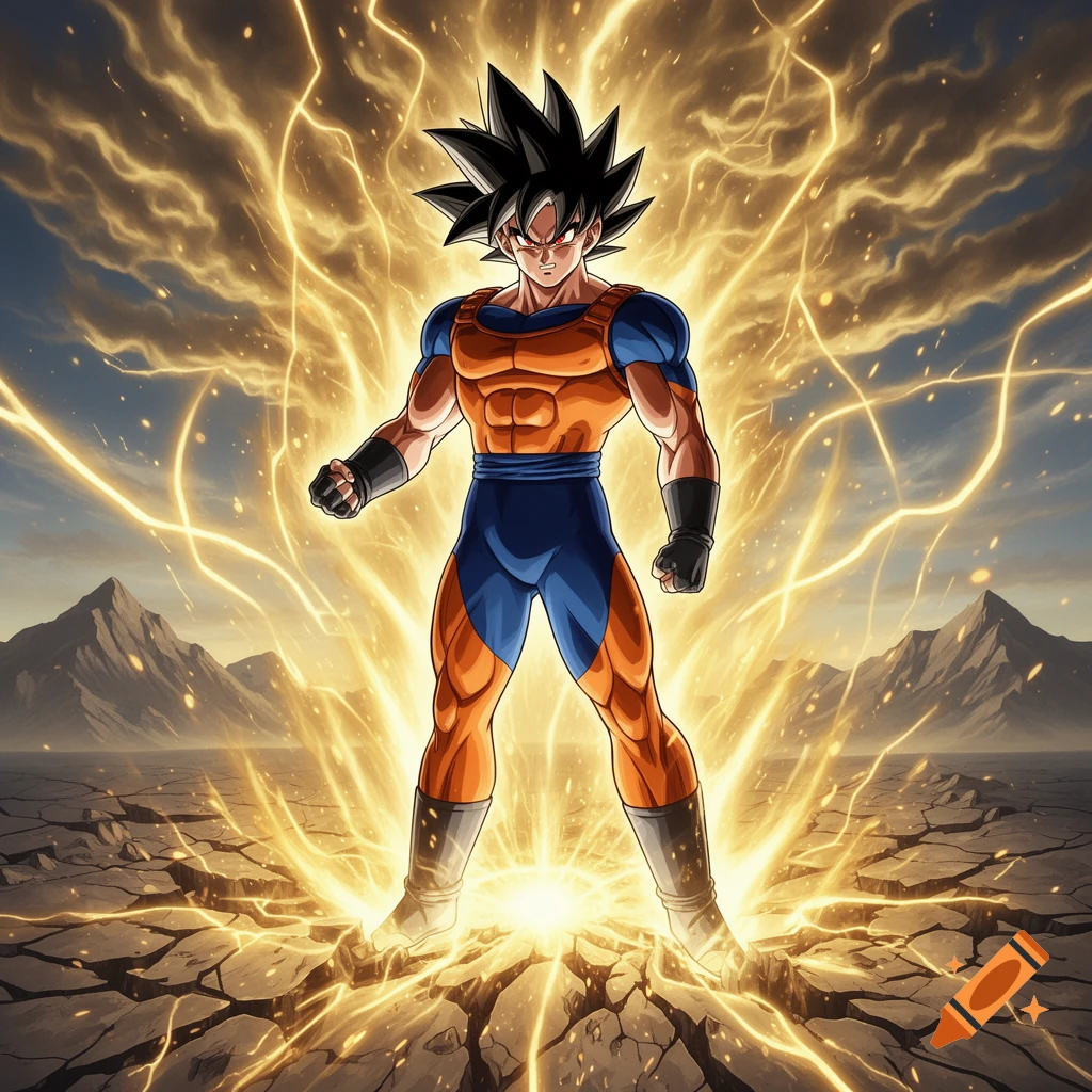 Goku powering up, surrounded by golden energy that cracks the ground beneath him, in a desolate, mountainous landscape.