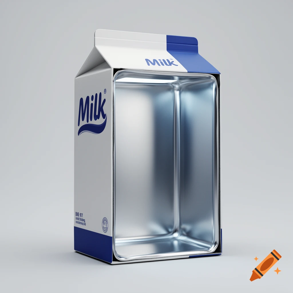 A white and blue milk carton, cut in half to reveal a reflective metallic interior, against a light gray background.
