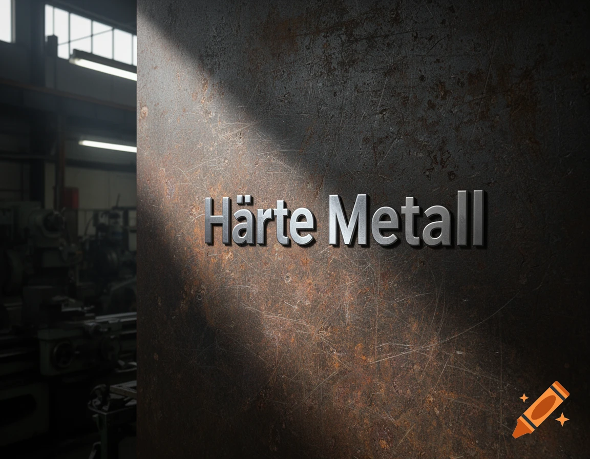 The German words 'Härte Metall' in silver, 3D text against a rusty, textured metal background, with a blurred industrial workshop in the background and a strong light beam hitting the text.