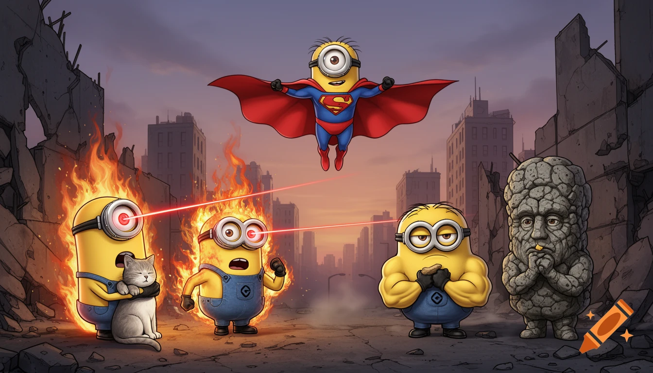 Five Minions in a destroyed city. One Minion dressed as Superman flies, while two others shoot red laser beams from their eyes amid flames. Another muscular Minion flexes, and a stone-faced Minion chews something.