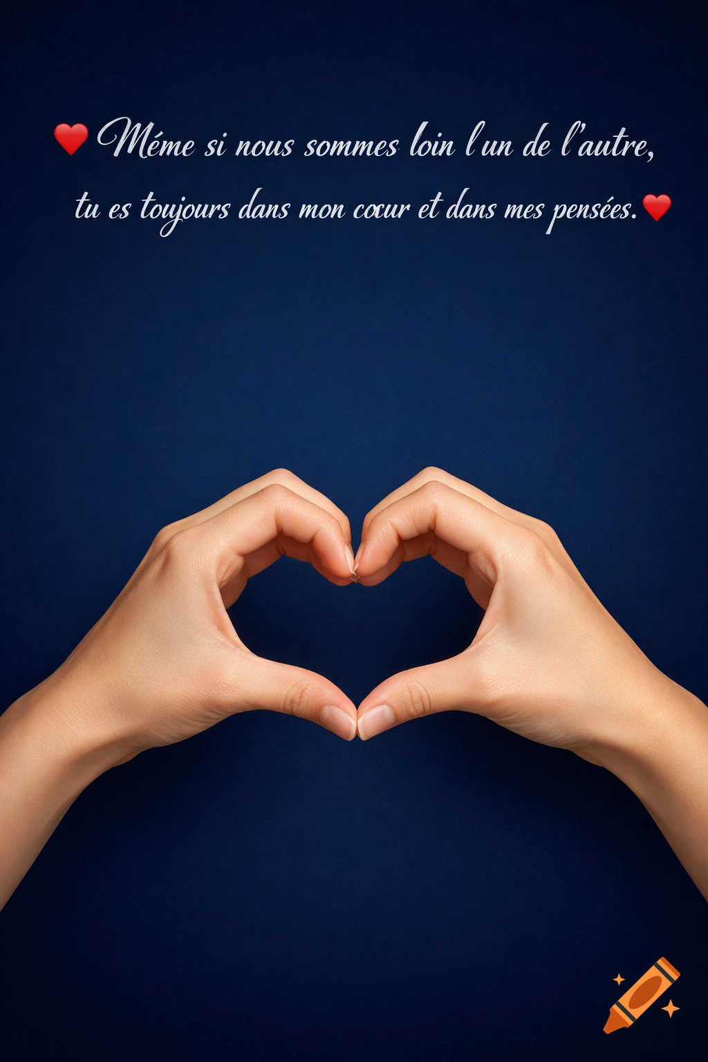 Two light-skinned hands form a heart against a dark blue background. White French text reads a romantic message.