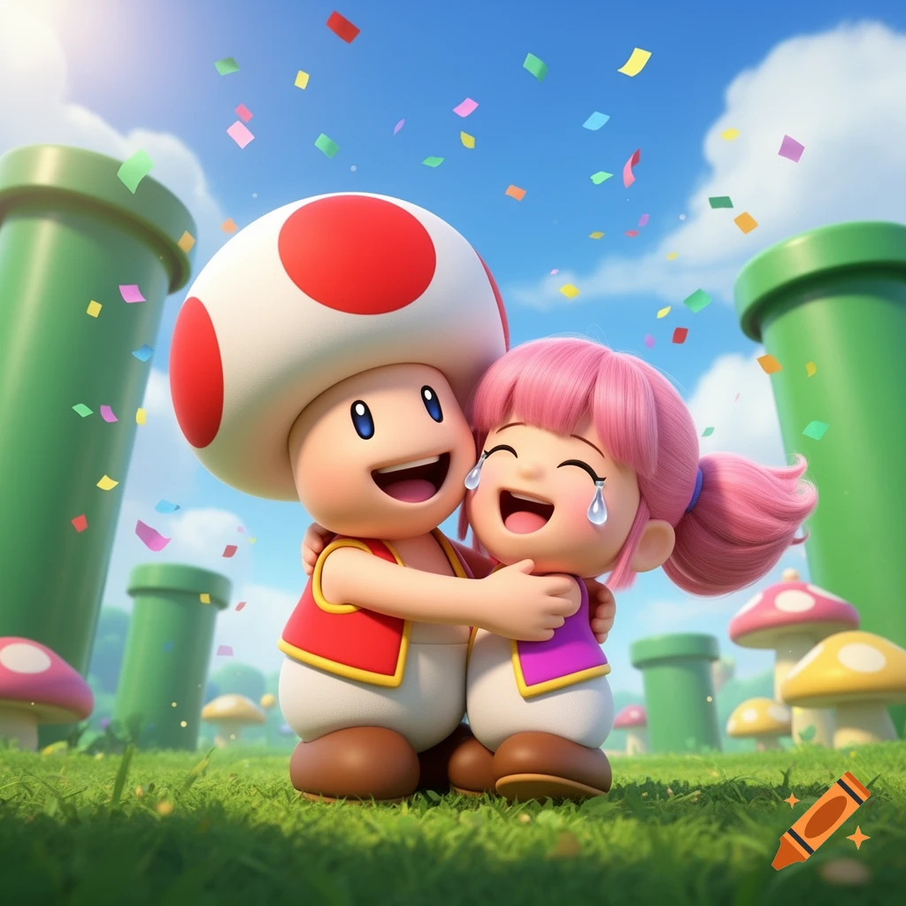 Toad and a pink-haired Toadette-like character hug, crying tears of joy, under a blue sky with falling confetti, amidst green pipes and mushrooms in a grassy field.