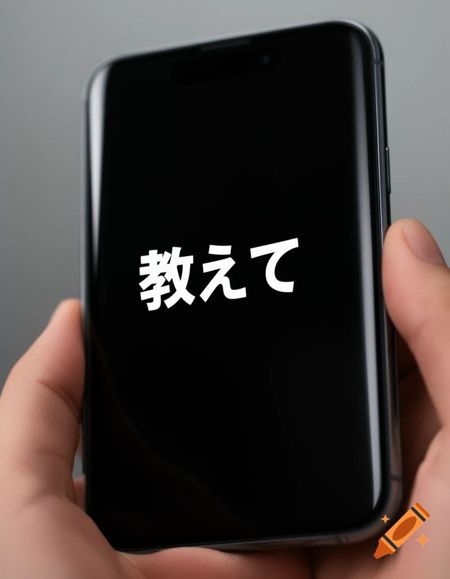 A hand holding a smartphone displaying the Japanese text '"教えて"' on a black screen.