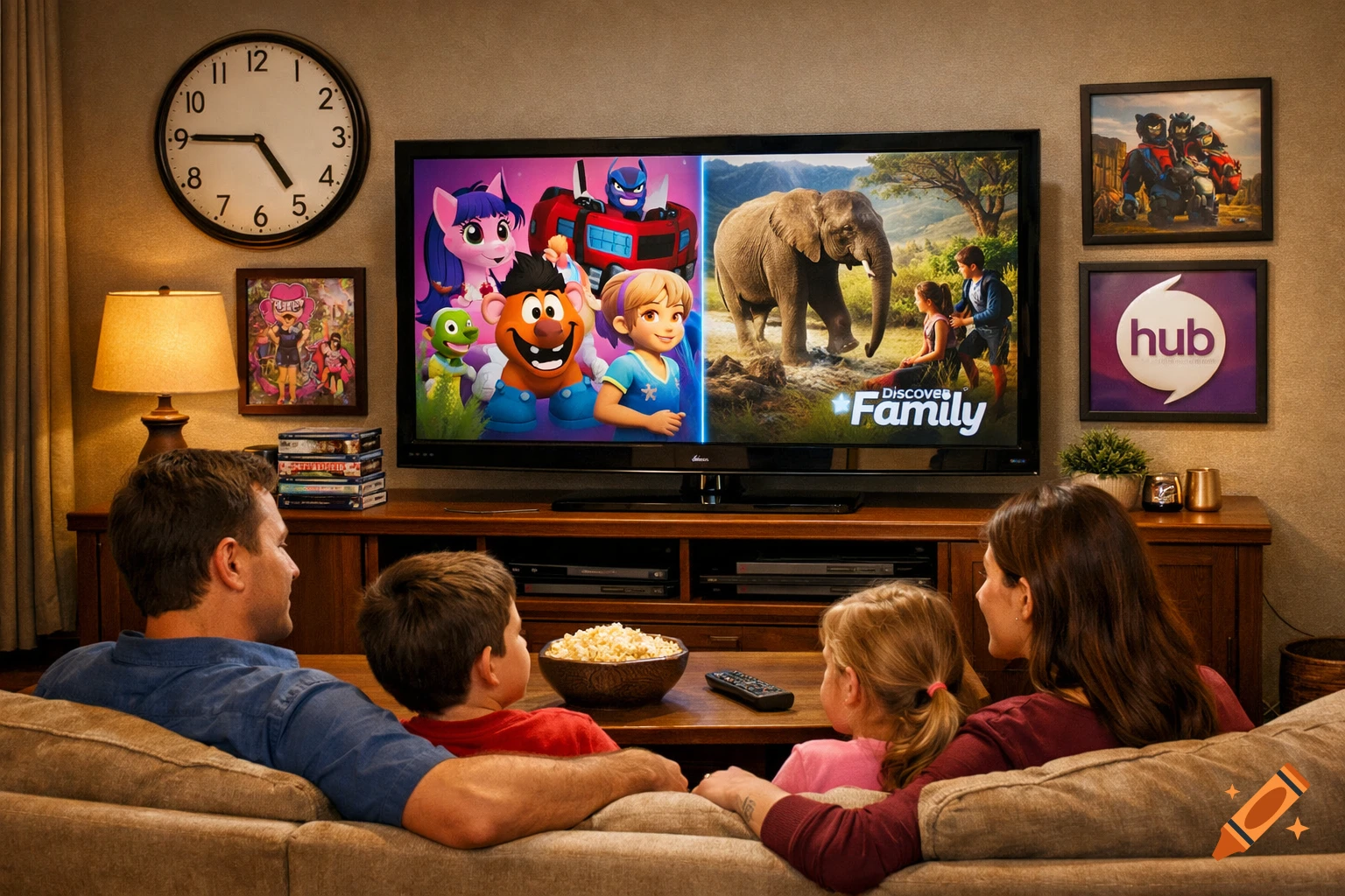 A family sits on a couch watching a split-screen TV showing cartoons and an elephant with people in a landscape, in a cozy living room.