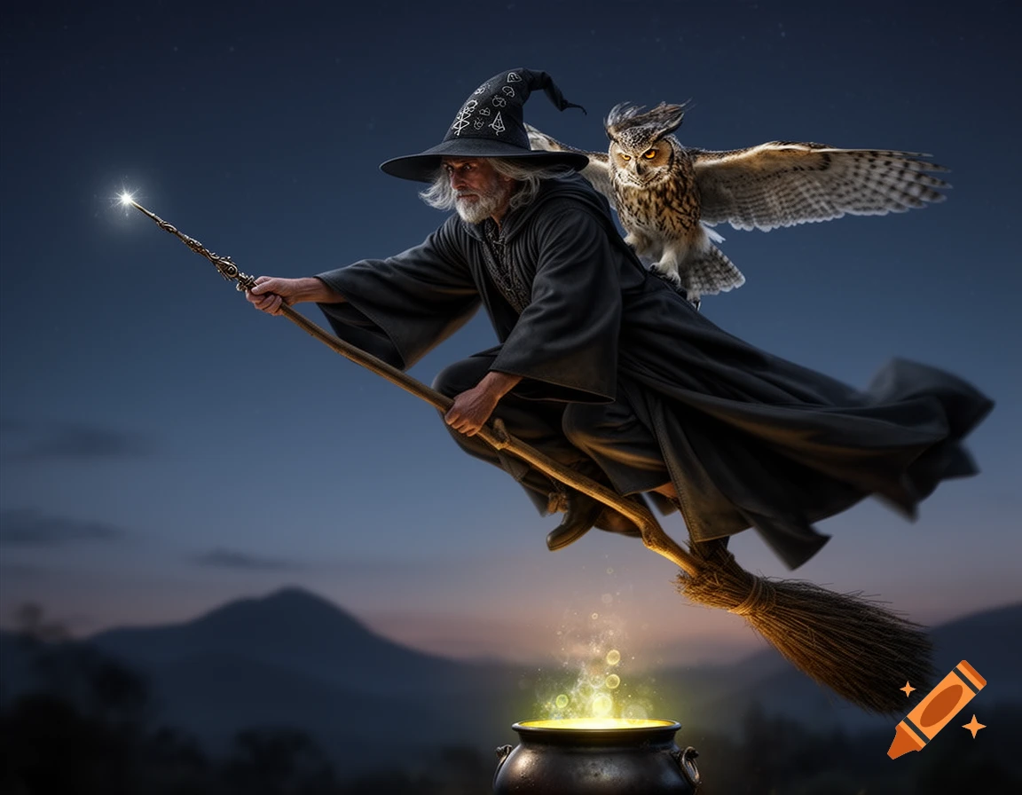 A white-bearded wizard in a black robe and hat flies on a broomstick, holding a glowing wand, with an owl perched on his shoulder, over a bubbling cauldron at dusk.