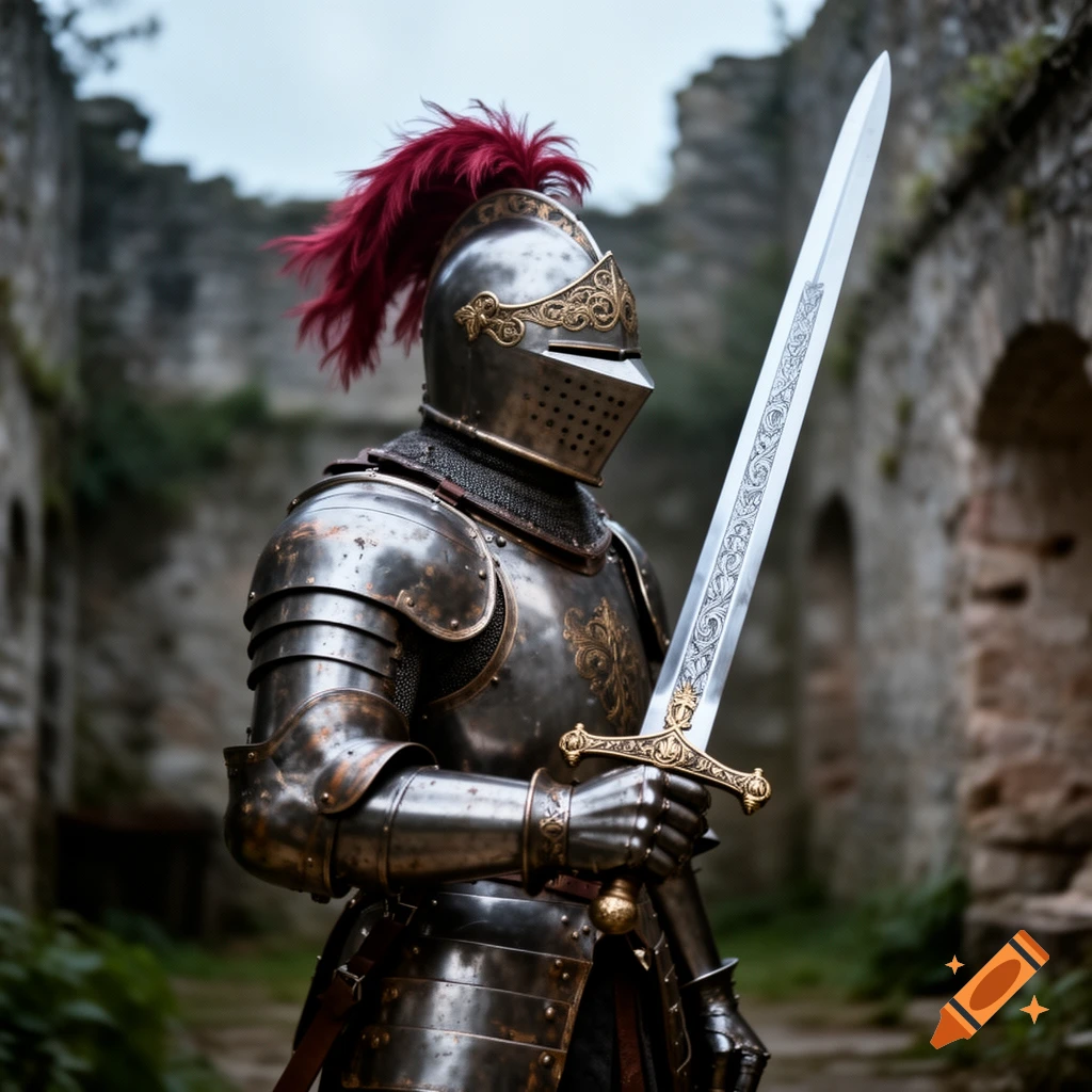 A knight in ornate, dark metal armor with a red plume stands holding a detailed sword amidst ancient stone ruins.