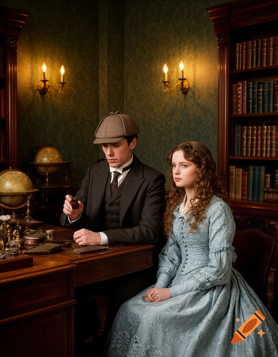 A man in a tweed cap and suit holds a pipe at a wooden desk, next to a woman in a blue Victorian dress, in a warmly lit library.