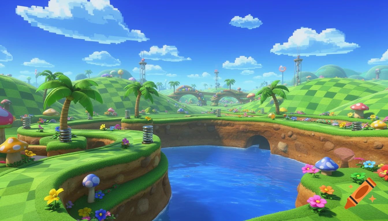 Vibrant, cartoonish Sonic the Hedgehog-style landscape with green checkered hills, palm trees, springs, a blue river, and pixelated clouds.