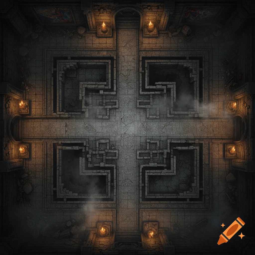 An overhead view of a dark, stone dungeon map with intricate patterns, illuminated by warm torchlight and wisps of smoke.