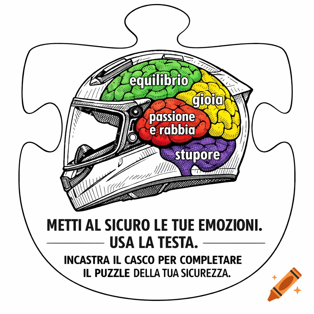 Line drawing of a motorcycle helmet as a puzzle piece, showing a brain inside with colored lobes labeled with emotions and a safety message below.