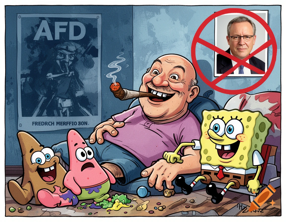 A cartoon man with a joint plays with Spongebob and Patrick figures. A poster for AFD and a crossed-out picture of Friedrich Merz are in the background.