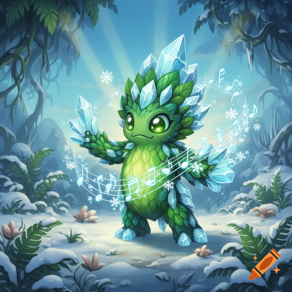 A cute green plant-like monster covered in leaves and icy blue crystals ...
