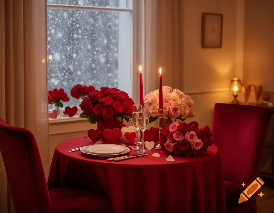 A romantic Valentine's Day dinner table set with a red tablecloth, candles, bouquets of red and pink roses, and champagne flutes, with snow falling outside a window.