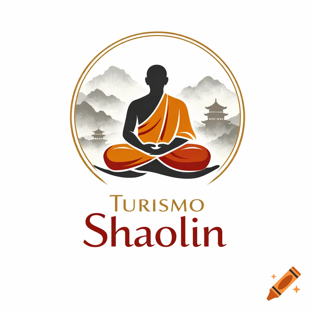 Vector logo of a meditating monk in orange robe, with misty mountains and pagodas in a golden circle, text 'TURISMO Shaolin'.